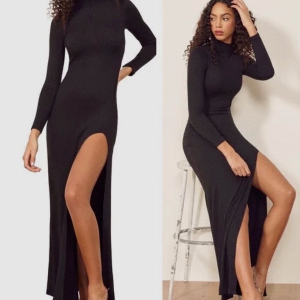 NWT Reformation Albee Ribbed Long Sleeve Mock Neck Slit Maxi Dress Size Medium
